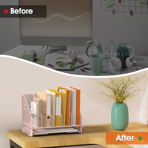 5 Vertical Mesh Desk Organizer with Paper Letter Tray, Pink
