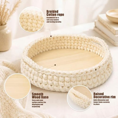 Crochet Serving Tray with Handle 12 Inch Handmade Knitted Woven Tray