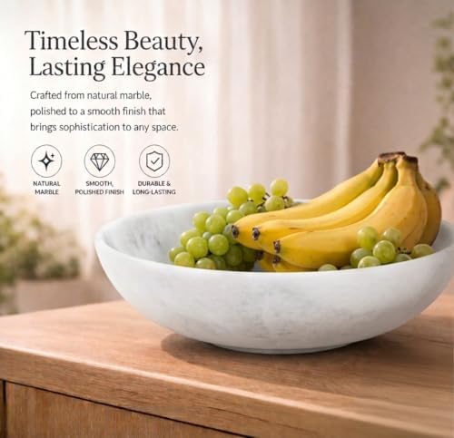 Radicaln Marble Fruit Bowl for Kitchen Counter, 10" White Decorative