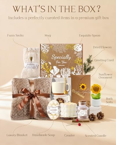 11pcs Spa Gift Baskets for Women, Sunflower Self Care Set, Brown