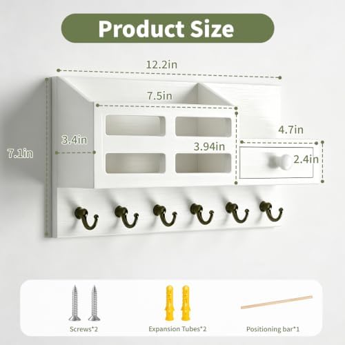 White Key and Mail Holder for Wall with 6 Hooks and Storage Drawer