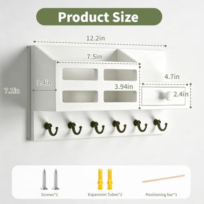 White Key and Mail Holder for Wall with 6 Hooks and Storage Drawer