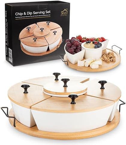 Chip and Dip Serving Set | Rotating Bamboo Lazy Susan Appetizer Tray