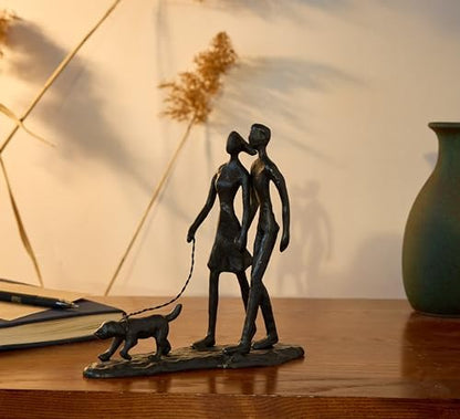 Couple and Dog Cast Iron Sculpture, Romantic Couple Love Metal Art