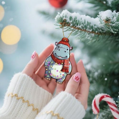 Cute Hippopotamus Christmas Ornaments 2026, 2 Side Printed Wooden