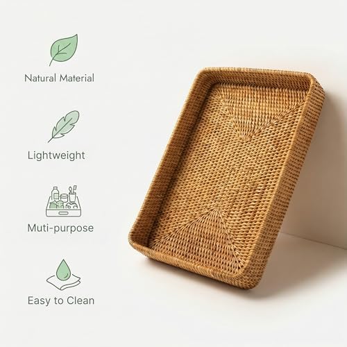 14.6" x 9.1" Large Wicker Storage Tray, Natural Rattan Basket