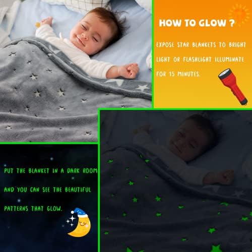 REXEO Glow in The Dark Star Space Blanket for Kids, Grey Cute Galaxy