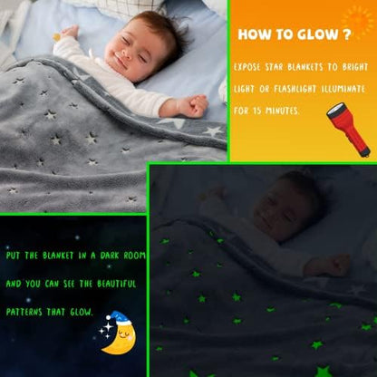 REXEO Glow in The Dark Star Space Blanket for Kids, Grey Cute Galaxy