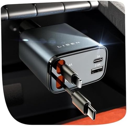 LISEN Retractable Car Charger, 84W Car Charger USB C Fast Charge, 4 in