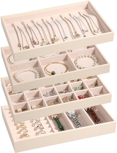 LANDICI 4-Piece Stackable PU Leather Jewelry Organizer Trays, Apricot