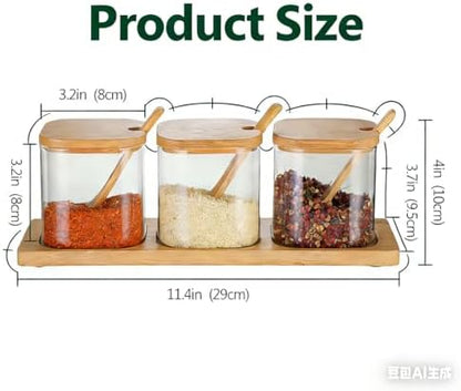 Bamboo Spice Jar Set with Wooden Lids and Spoons, Glass Condiment