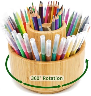 VaeFae 360 Rotating Bamboo Pen Holder for Desk, Art Supply Storage