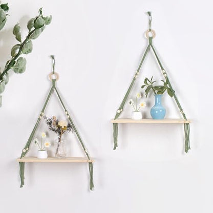 HVEST Green Hanging Shelf Set of 2, Boho Wall Decor, Floating Shelves