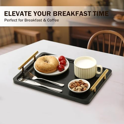 PEKER Wooden Serving Tray with Metal Handles, Black Decorative Coffee