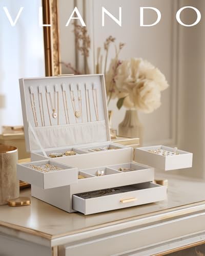 VLANDO 3 Layer Jewelry Box - Women Jewelry Box with Retractable Tray