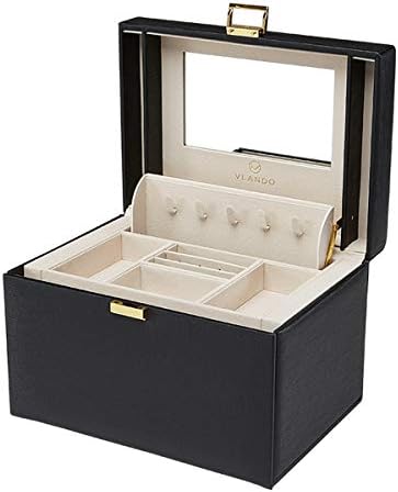 VLANDO Jewelry Boxes for Women with Mirror and 3 Drawers,Black