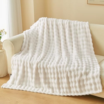 NEWCOSPLAY 3D Bubble Flannel Throw Blanket for Couch Ivory, 50"×60"