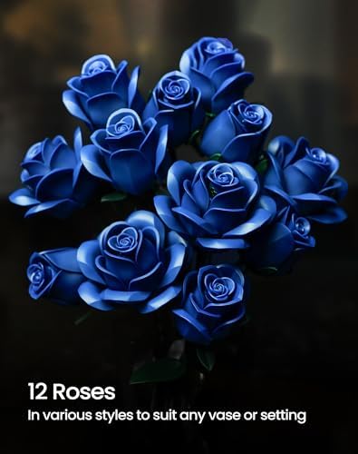 iATOM Blue Rose Bouquet Building Set, 12Pcs Flowers Botanical