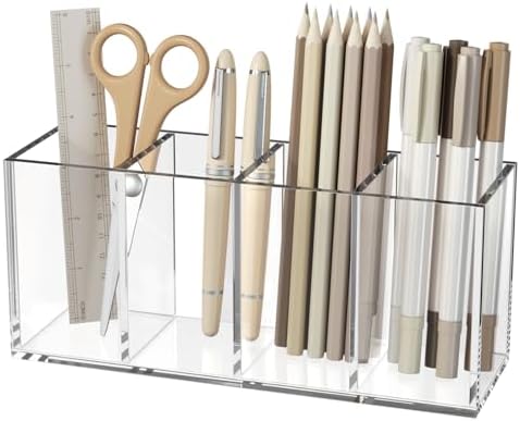 NIUBEE Acrylic Pen Holder 4 Compartments, Clear Desk Pencil Organizer