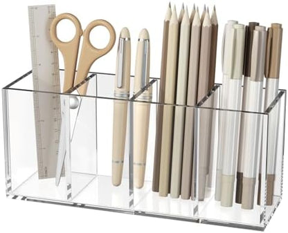 NIUBEE Acrylic Pen Holder 4 Compartments, Clear Desk Pencil Organizer
