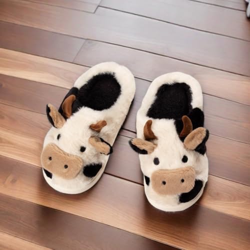 Cute Cartoon Cow Animal Fuzzy Slippers for Women,Warm Plush Winter