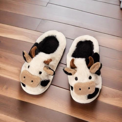 Cute Cartoon Cow Animal Fuzzy Slippers for Women,Warm Plush Winter