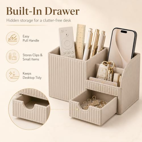KINGFOM Luxury PU Leather Desk Organizer with Drawer, Modern Aesthetic