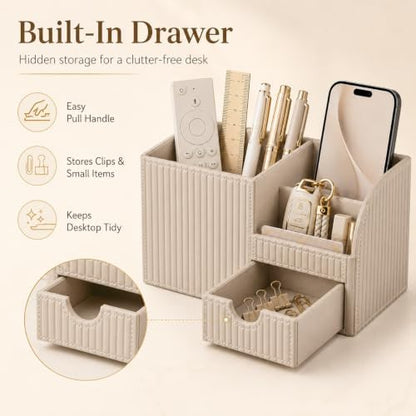 KINGFOM Luxury PU Leather Desk Organizer with Drawer, Modern Aesthetic