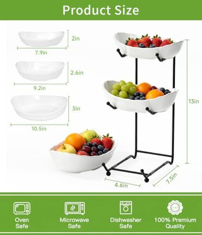 Ceramic Fruit Bowl for Kitchen Counter - 3 Tier Modern Fruit Basket
