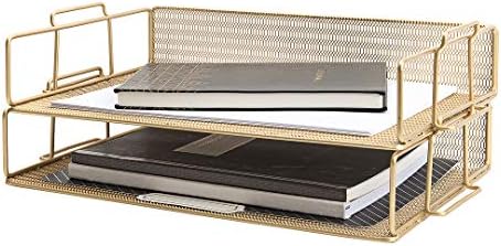 BLU MONACO | Paper Tray Stackable Gold Mesh Set of 2 | Stackable File