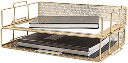 BLU MONACO | Paper Tray Stackable Gold Mesh Set of 2 | Stackable File