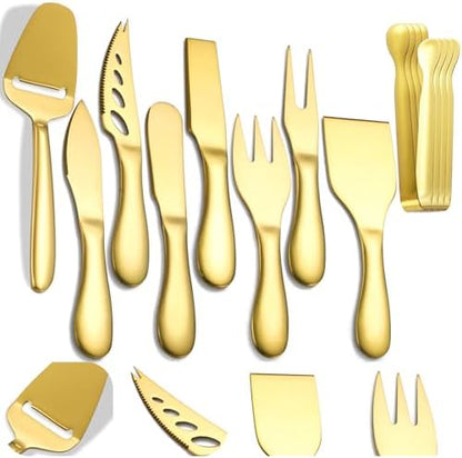 Stainless Steel Gold Cheese Tool Set - 12 Piece Cheese Knife & Cheese