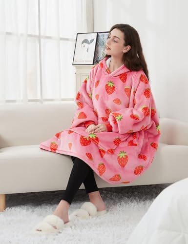 KFUBUO Wearable Blanket Hoodie for Adults With Pocket Strawberry
