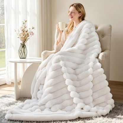 VFROO Luxury 850GSM Faux Rabbit Fur Reversible Throw Blanket Super