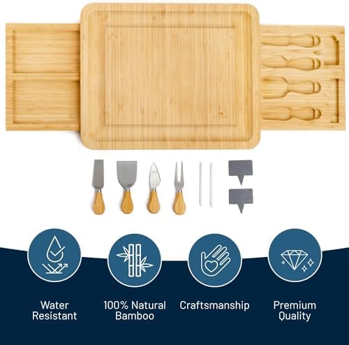 Bamboo Cheese Board and Knife Set with 2 Slide-Out Cutlery Drawers
