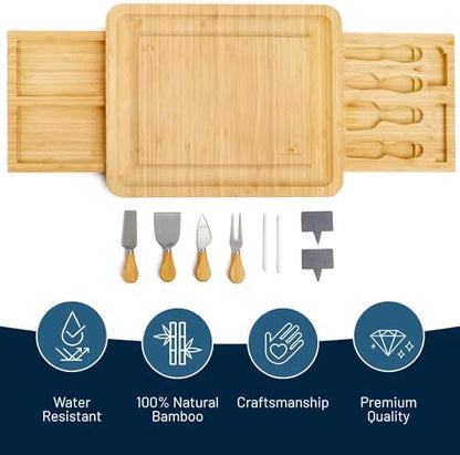 Bamboo Cheese Board and Knife Set with 2 Slide-Out Cutlery Drawers