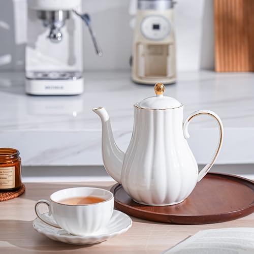 White Ceramic Teapot 33oz,tea pot for loose leaf tea coffee milk Gifts