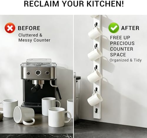 Vertical Wall Mounted Coffee Mug Rack, Wooden Coffee Mug Holder with 6