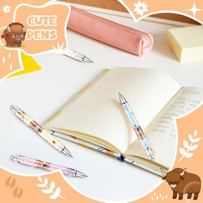 12 Pcs Highland Cow Ballpoint Pens, Cute Cow Print Retractable Click