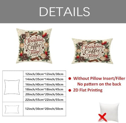 Christmas Coffee Time Quote Mug Throw Pillow Covers 12x12 Set of 2