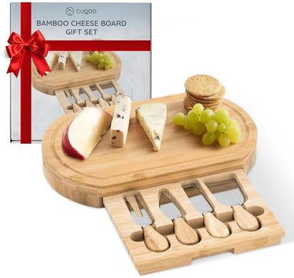 CUQOO Oak Wooden Cheese Board Set with 4 Knives Slide Out Drawer