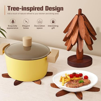 Wooden Trivets for Hot Dishes,Christmas Tree Coasters Set 5 + 1 Stand