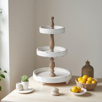 SOFE Handmade Distressed White Rustic Round 3 Tiered Tray Stand