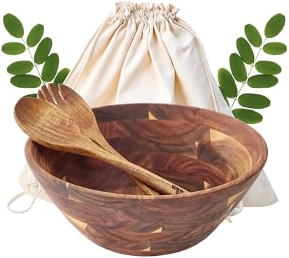 Wooden Salad Bowls with Serving Utensils, Large 12.5" Acacia Wooden