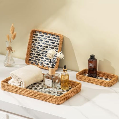 Set of 3 Rattan Serving Trays with Mother of Pearl, Terrekraft