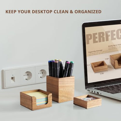 Desk Organizer Set of 3 - Acacia Wood Office Desk Accessories - Desk