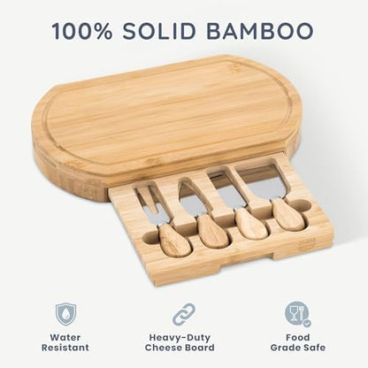 CUQOO Oak Wooden Cheese Board Set with 4 Knives Slide Out Drawer
