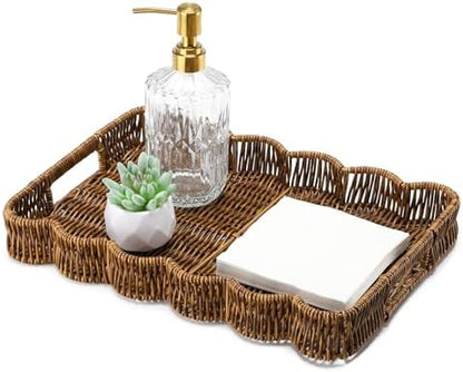 Segbeauty Plastic Wicker Serving Tray with Handles for Home Decor