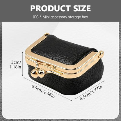 Genuine Leather Mini Jewelry Box with Vintage Kiss Lock, Black
