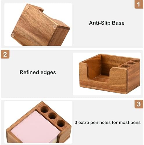 Acacia Wood Sticky Note Holder with 3 Pen Holders, 3x3 Post It Note
